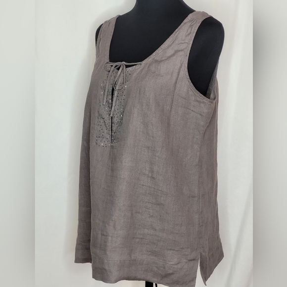Eileen Fisher Taupe 100% Irish Linen Sleeveless Subtly Beaded Top - Size M - Picture 2 of 11